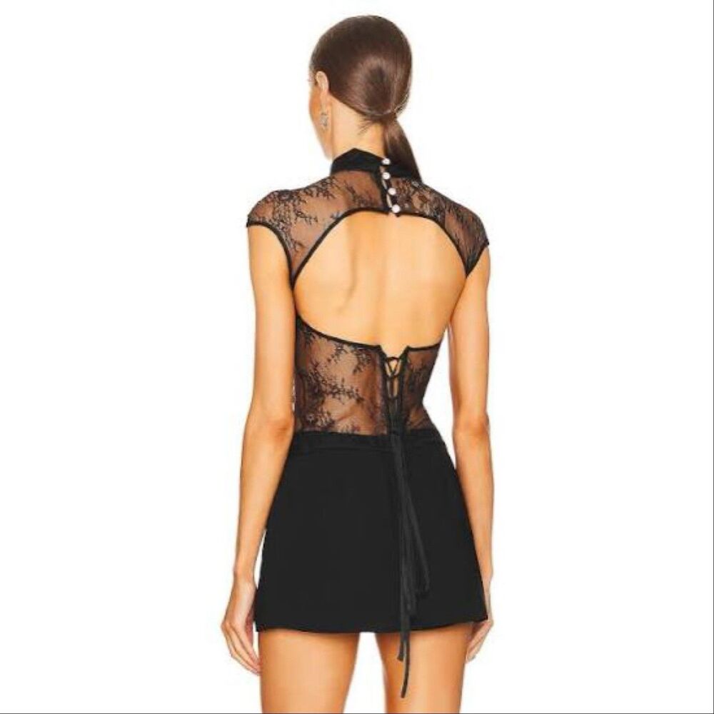 Kim Shui Beaded Dragon Lace Top Size M Black Sheer Mesh Y2K Style Open Back Tie - Picture 4 of 16
